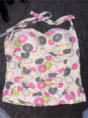 White Halter Tankini Top with Pink, Lime & Black Circles
